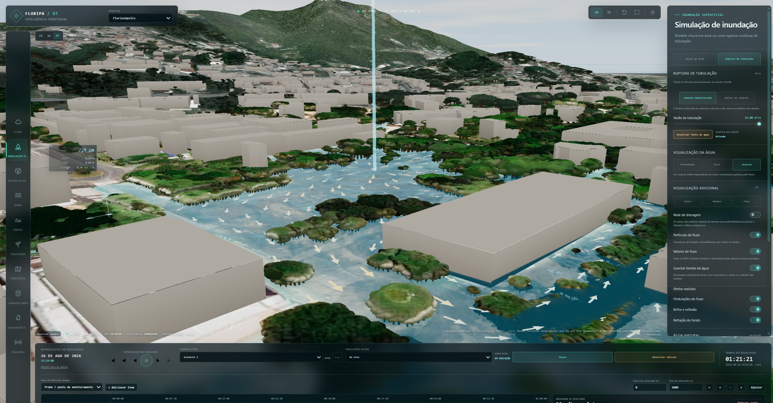 Interface do Gêmeo Digital Urbano com simulação 3D de inundação, controles e linha do tempo